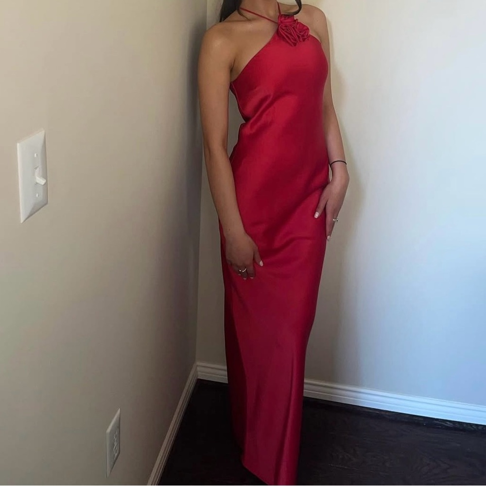 Red Halter Neck Evening Gown with Rosette Detail